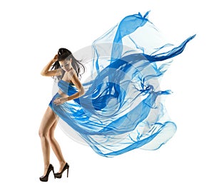 Woman Dancing in Blue Dress. Fashion Model Fluttering Fabric