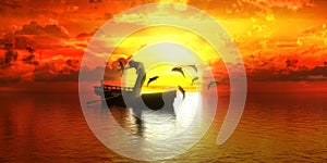Woman dancing in a boat on the background of sunset and dolphins
