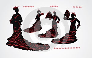 Woman dancing flamenco. Set of black and red silhouettes