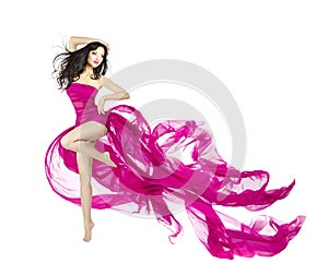 Woman dancing in fluttering dress, fashion model dancer with waving fabric, isolated white background