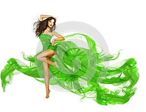 Woman Dancing Green Dress, Dancer Fashion Model Flying Fabric