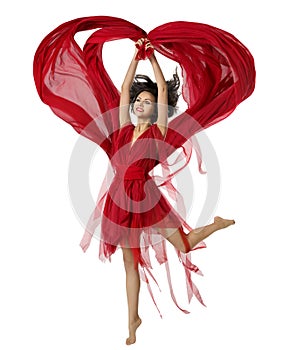 Woman Dancing With Heart Shaped Fabric Cloth, Girl Red Dress