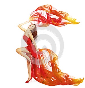 Woman Dancing in Red Dress, Cloth Flying Waving Dance Wind