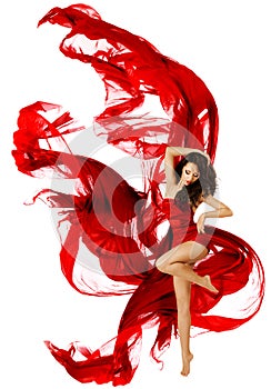 Woman Dancing Red Dress, Fashion Model Dance Flying Waving Fabric