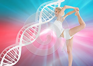 woman dancing with white dna chain and colors background