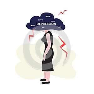 Woman with dark cloud on the head with thunders and word `depression` .