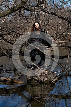 Woman with dark long hair in black robes standing on a tree stump in the middle of a swamp. Halloween and Gothic concept.