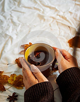 A woman in a dark warm sweater relaxing holding hot mug of aroma spice tea on the table with yellow autumn leaf . Concept of a coz