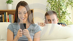 Woman dating on line and boyfriend spying