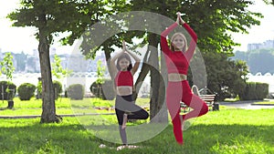 Woman with daughter doing yoga in tree pose meditating in the park near lake