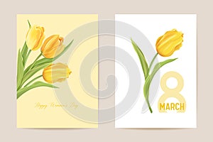 Woman day 8 March holiday card. Spring floral vector illustration. Greeting realistic tulip flowers template