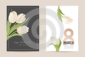 Woman day 8 March holiday card. Spring floral vector illustration. Greeting realistic tulip flowers template