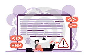 Woman debugging code on laptop screen. Vector illustration
