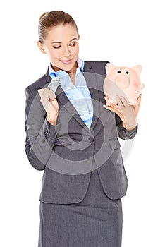 Woman deciding whether to spend or save