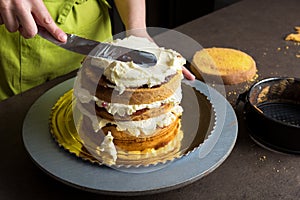 Woman decorating a cake with icing cream