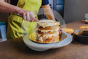 Woman decorating a delicious cake with icing cream. DIY, sequence, step by step, part of series.