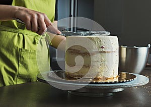 woman decorating a delicious layered sponge cake with icing cream