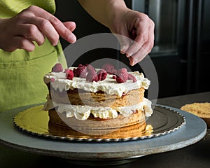 Woman decorating a delicious sponge cake with icing cream and raspberries