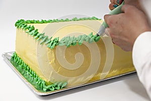 Woman decorating green and yellow birthday cake with pastry bag close-up