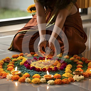 Woman decorating traditional floral rangoli with diyas