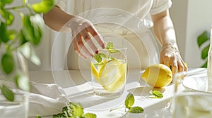 a woman delicately prepares tea or water infused with lemon and mint, the glass placed gracefully on a pristine white