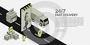 Woman deliver package to customer concept, fast delivery service in sometric design