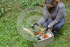 Woman delivering donations box with food during Covid 19 outbreak.Feme volunteer collects food in a box standing on the grass photo