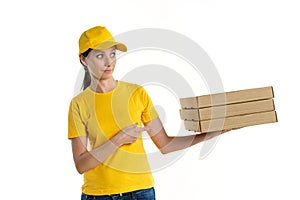 Woman delivery woman in yellow uniform on white background