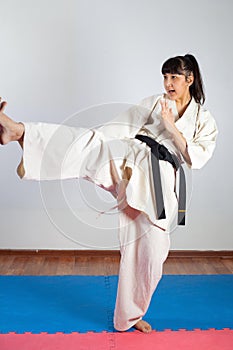 Woman demonstrate martial arts working together