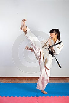 Woman demonstrate martial arts working together