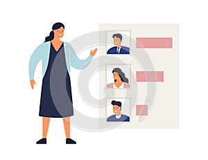 Woman demonstrate results of voting or rating candidates vector flat illustration. Female showing analysis graph of