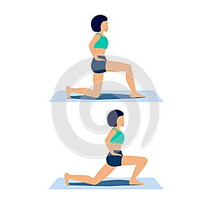 Woman demonstrates hip flexor stretching exercise in lunge position. Flat character scene for mobile, app, web