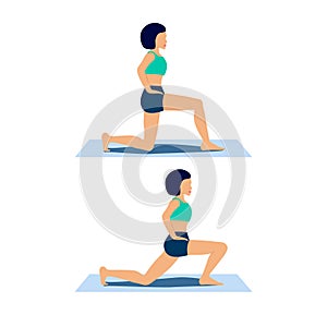 Woman demonstrates hip flexor stretching exercise in lunge position. Flat character scene for mobile, app, web photo