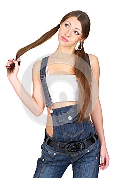 Woman in denim overalls