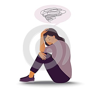 Woman in depression with confused thoughts in her mind, sad girl sitting and unhappy hugging her knees