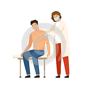 Woman dermatologist in medical mask examine patient with chickenpox vector flat illustration. Unhappy man visit doctor