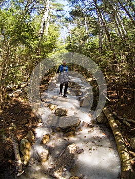 Woman descending in icy trail