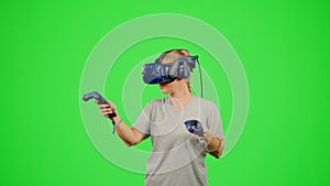The woman design artist VR headset creation 3d virtual reality world. The girl in cyberspace get immersive experience on