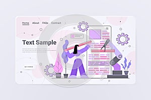 woman developer with robotic hand creating mobile website ui web application development program software optimization