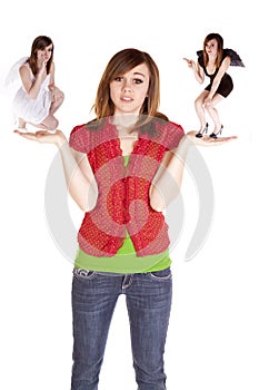 Woman with devil and angel on hands