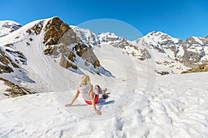 woman on Diavolezza col with Piz Bernina