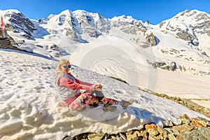 woman on Diavolezza col with Piz Bernina