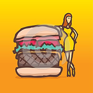 Woman on a diet posing next to a burger