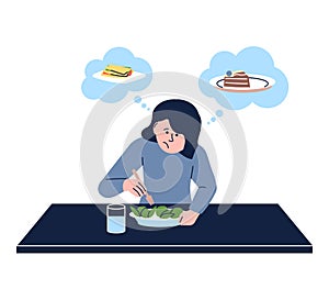 Woman on diet. Sad female eating green vegetables salad and drink water but dream about cake and sandwich. Healthy