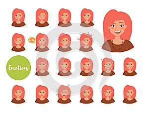 Woman with different emotions. Joy, sadness, anger, talking, funny, fear, smile. Set. Isolated illustration on white