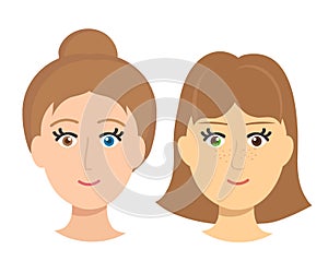 Woman with different eye color. Heterochromia.Cartoon. Vector.