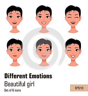 Woman with different face expressions. Young attractive girl with various emotions,