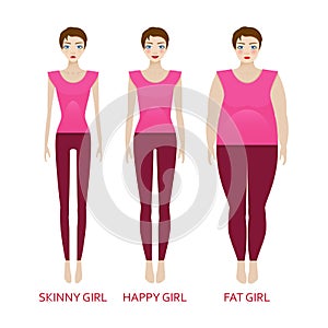 Woman in a different forms. Girl in sportwear with excess weight, in normal shape and with underweight