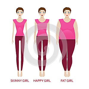 Woman in a different forms. Girl in sportwear with excess weight, in normal shape and with underweight photo