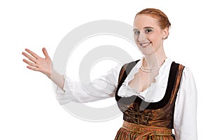 Woman in Dirndl - isolated - informed and pointing at something